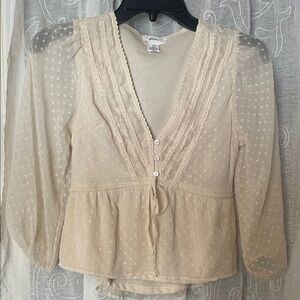 Chic Cream Sheer Blouse with Lace Trim